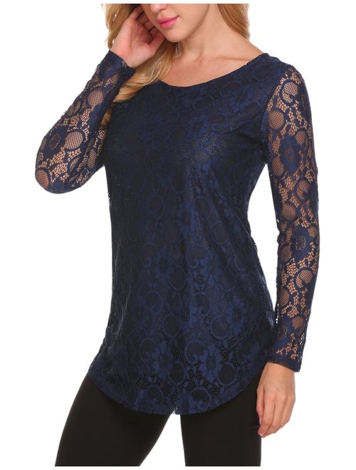 SoTeer Lace Blouse Women's Long Sleeve Casual Loose Boatneck Floral Lace Layered Tops