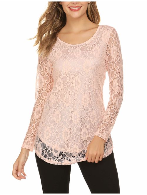 SoTeer Lace Blouse Women's Long Sleeve Casual Loose Boatneck Floral Lace Layered Tops