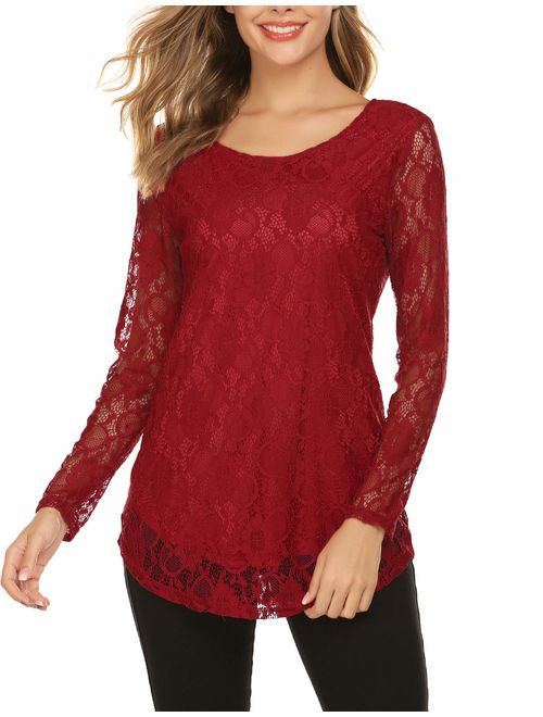 SoTeer Lace Blouse Women's Long Sleeve Casual Loose Boatneck Floral Lace Layered Tops