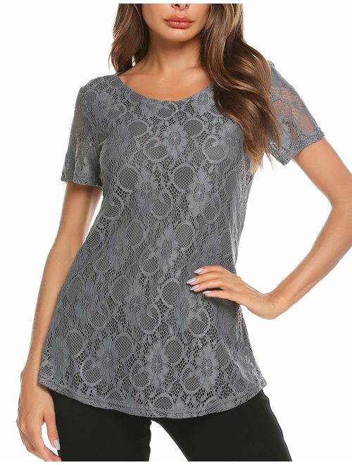 SoTeer Lace Blouse Women's Long Sleeve Casual Loose Boatneck Floral Lace Layered Tops