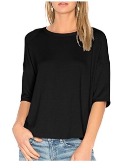 ALLY-MAGIC Women's 3/4 Sleeve T-Shirt O-Neck Casual Loose Top Cotton Blouses