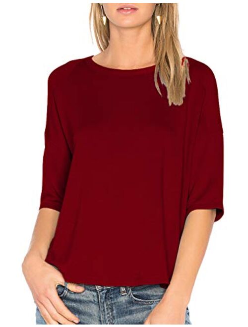 ALLY-MAGIC Women's 3/4 Sleeve T-Shirt O-Neck Casual Loose Top Cotton Blouses