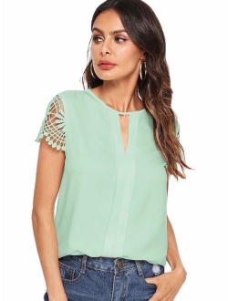 Women's Short Sleeve Lace Keyhole Summer Chiffon Blouse Top