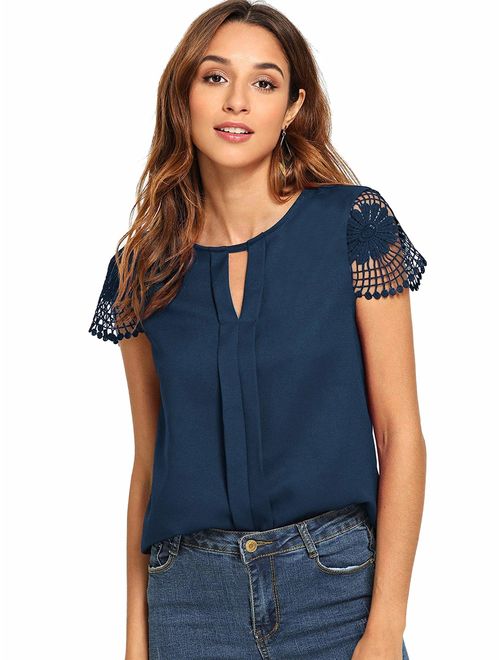 Floerns Women's Short Sleeve Lace Keyhole Summer Chiffon Blouse Top