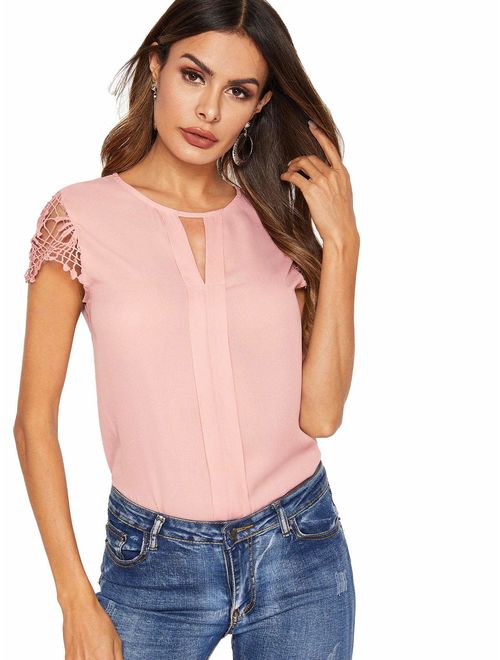 Floerns Women's Short Sleeve Lace Keyhole Summer Chiffon Blouse Top