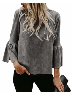 Bigyonger Womens Blouses Flare Bell 3/4 Sleeves Faux Suede Tunic Shirt Tops