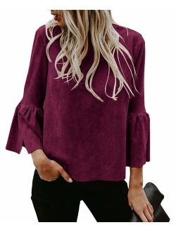 Bigyonger Womens Blouses Flare Bell 3/4 Sleeves Faux Suede Tunic Shirt Tops