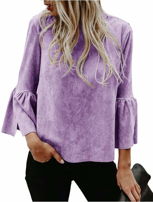 Bigyonger Womens Blouses Flare Bell 3/4 Sleeves Faux Suede Tunic Shirt Tops