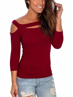 INFITTY Womens Sexy Off The Shoulder Tops Slim Fit Stretchy Cold Shoulder Shirt Blouse