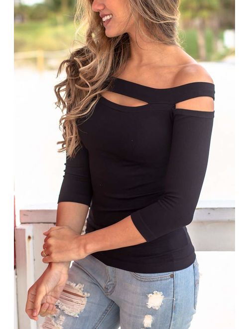 INFITTY Womens Sexy Off The Shoulder Tops Slim Fit Stretchy Cold Shoulder Shirt Blouse