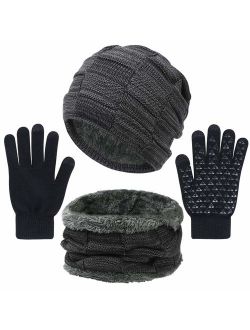 3 Pieces Winter Hat Scarf and Gloves Set for Men and Women, Knit Slouchy Beanie Cap&Neck Warmer&Screen-Touch Texting Gloves