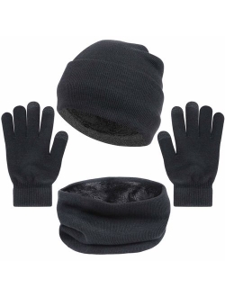 3 Pieces Winter Hat Scarf and Gloves Set for Men and Women, Knit Slouchy Beanie Cap&Neck Warmer&Screen-Touch Texting Gloves
