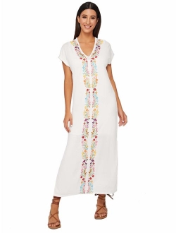 Women's Bohemian Floral Embroidery Split Maxi Dress Cover Ups