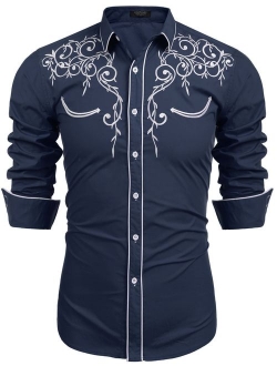 Men's Long Sleeve Embroidered Shirt Slim Fit Casual Button Down Shirts