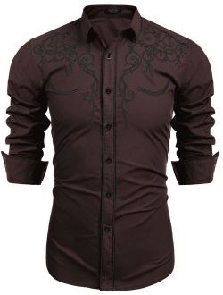 Men's Long Sleeve Embroidered Shirt Slim Fit Casual Button Down Shirts