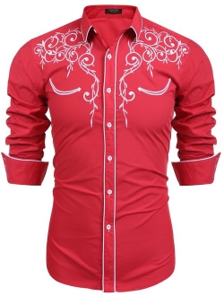 Men's Long Sleeve Embroidered Shirt Slim Fit Casual Button Down Shirts