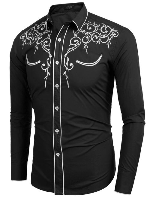 COOFANDY Men's Long Sleeve Embroidered Shirt Slim Fit Casual Button Down Shirts