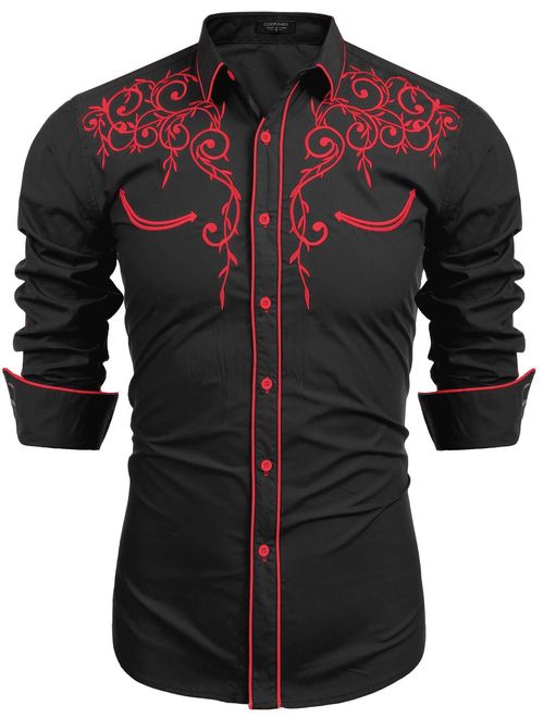 COOFANDY Men's Long Sleeve Embroidered Shirt Slim Fit Casual Button Down Shirts