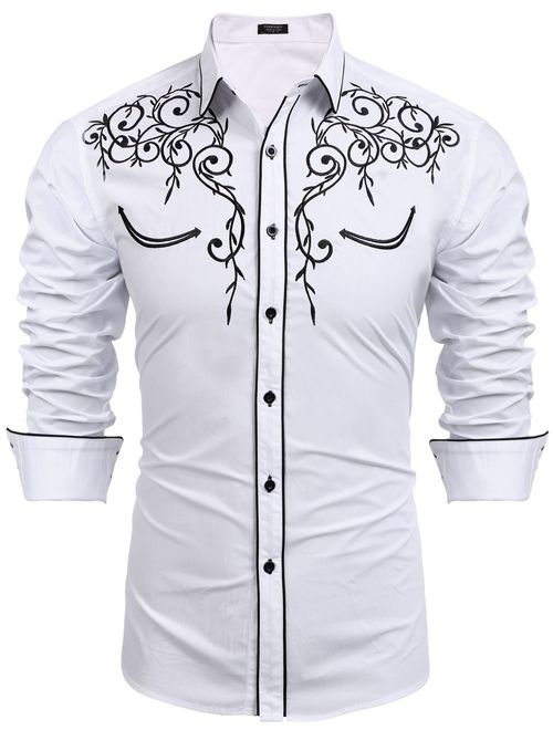 COOFANDY Men's Long Sleeve Embroidered Shirt Slim Fit Casual Button Down Shirts