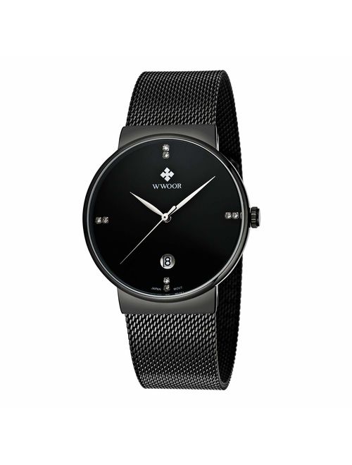 Tamlee Men Black Plated Slim Case Stainless Steel Waterproof Watch with Mesh Band (Black)