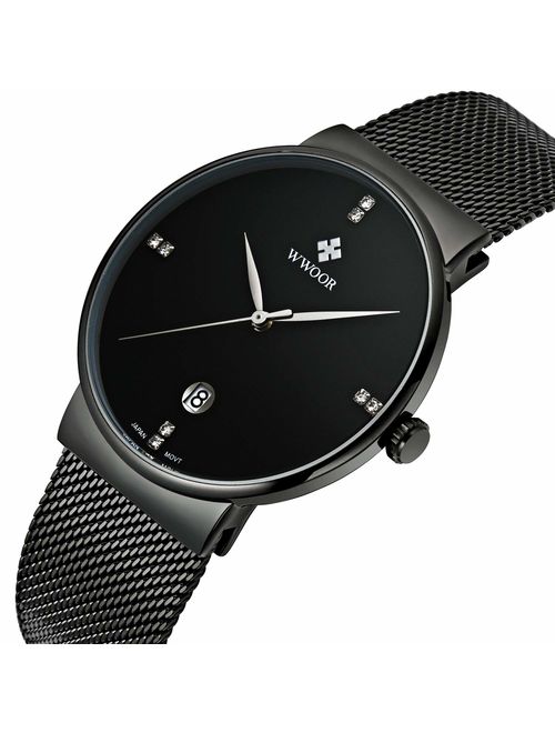 Tamlee Men Black Plated Slim Case Stainless Steel Waterproof Watch with Mesh Band (Black)