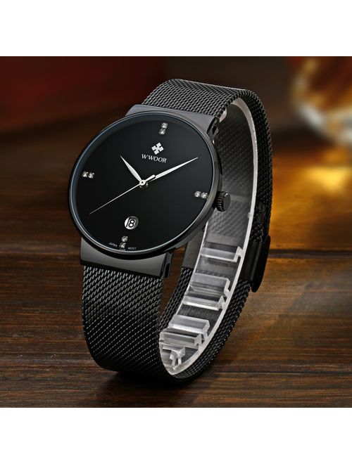 Tamlee Men Black Plated Slim Case Stainless Steel Waterproof Watch with Mesh Band (Black)