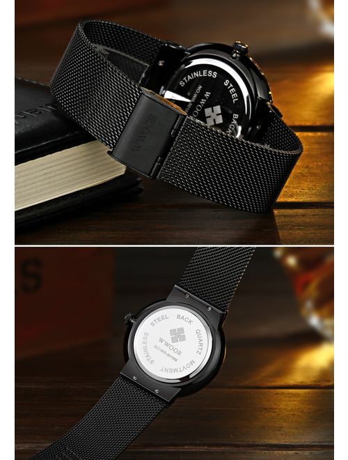 Tamlee Men Black Plated Slim Case Stainless Steel Waterproof Watch with Mesh Band (Black)