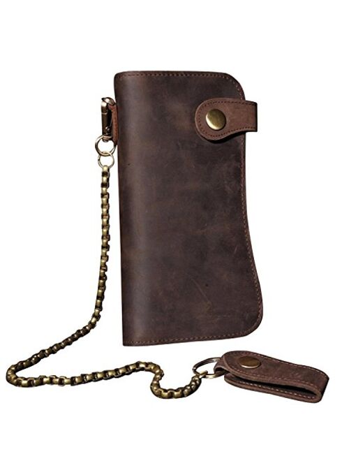 Mens Wallet with Chain Leather Long Bifold Trucker Wallet Vintage Biker Money Clip with Zipper