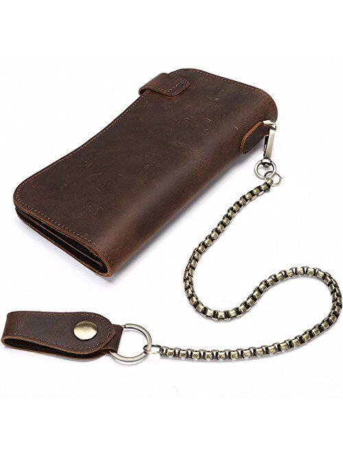 Mens Wallet with Chain Leather Long Bifold Trucker Wallet Vintage Biker Money Clip with Zipper