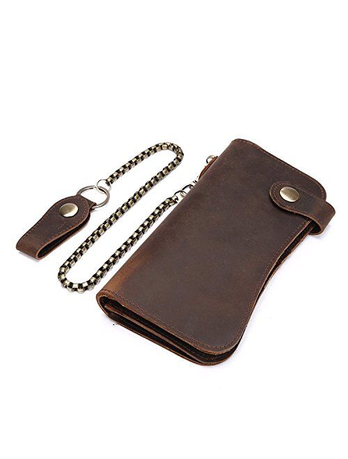 Mens Wallet with Chain Leather Long Bifold Trucker Wallet Vintage Biker Money Clip with Zipper