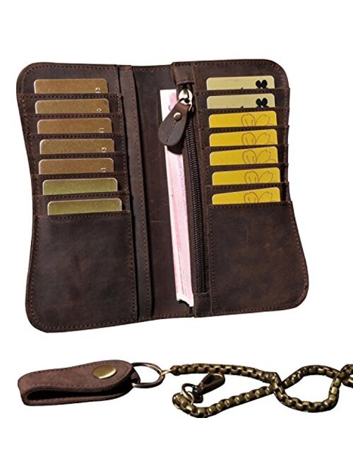 Mens Wallet with Chain Leather Long Bifold Trucker Wallet Vintage Biker Money Clip with Zipper