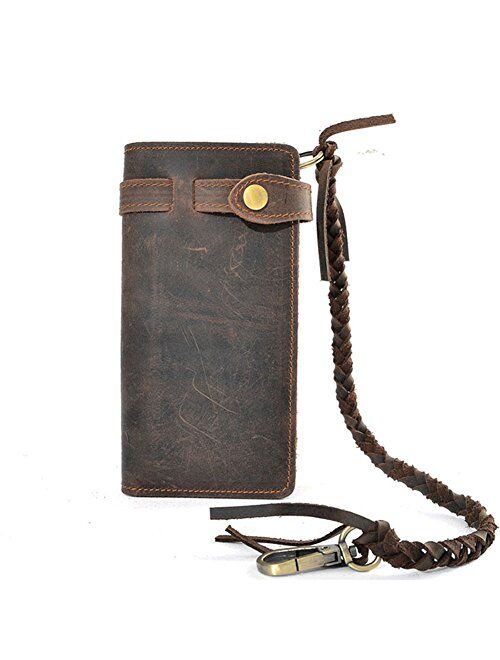 Mens Wallet with Chain Leather Long Bifold Trucker Wallet Vintage Biker Money Clip with Zipper