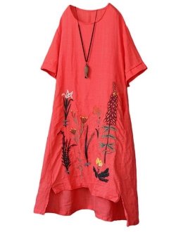 Minibee Women's Embroidered Linen Dress Summer A-Line Sundress Hi Low Tunic Clothing