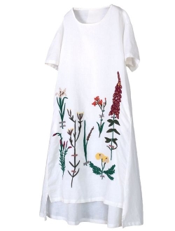 Minibee Women's Embroidered Linen Dress Summer A-Line Sundress Hi Low Tunic Clothing