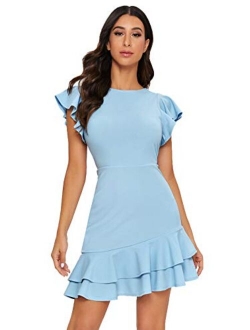 Women's V Back Inslace Layered Ruffle Hem Flutter Sleeve Dress