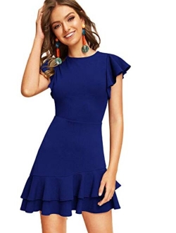 Women's V Back Inslace Layered Ruffle Hem Flutter Sleeve Dress