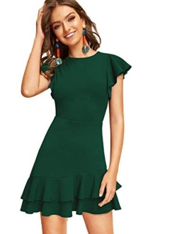 Women's V Back Inslace Layered Ruffle Hem Flutter Sleeve Dress