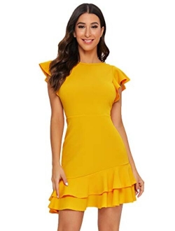 Women's V Back Inslace Layered Ruffle Hem Flutter Sleeve Dress