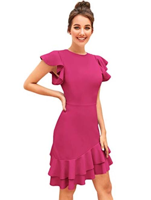 Floerns Women's V Back Inslace Layered Ruffle Hem Flutter Sleeve Dress