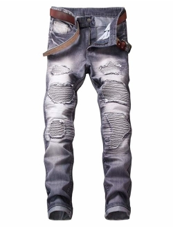 Enrica Men's Ripped Straight Slim Moto Biker Jeans