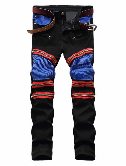 Enrica Men's Ripped Straight Slim Moto Biker Jeans