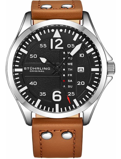 Stuhrling Original Mens Leather Watch -Aviation Watch, Quick-Set Day-Date, Leather Band with Steel Rivets, Men Watch Collection