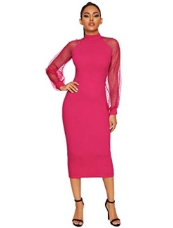 Women's Mock Neck Long Mesh Sleeve Zipper Back Sheath Dress