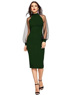 Women's Mock Neck Long Mesh Sleeve Zipper Back Sheath Dress