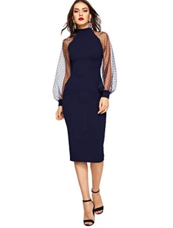 Women's Mock Neck Long Mesh Sleeve Zipper Back Sheath Dress