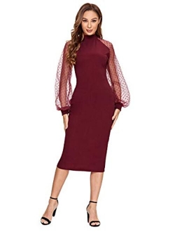 Women's Mock Neck Long Mesh Sleeve Zipper Back Sheath Dress