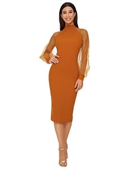 Women's Mock Neck Long Mesh Sleeve Zipper Back Sheath Dress