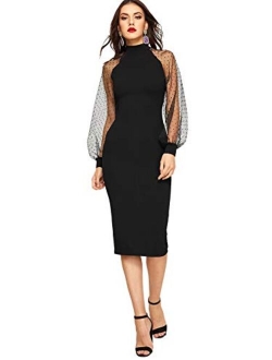 Women's Mock Neck Long Mesh Sleeve Zipper Back Sheath Dress