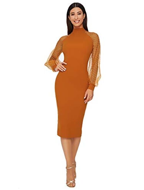 Romwe Women's Mock Neck Long Mesh Sleeve Zipper Back Sheath Dress