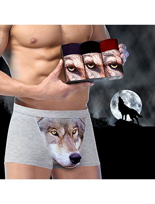 Men's Seamless Boxer Brief Stretchable Underwear 3D Printing 3-pcs Set, Sexy Hipster Wolf Animals